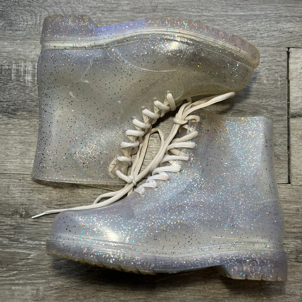 Y2K Urban Outfitters Combat Boots Clear Glitter Jelly Womens 8  Lace Up FESTIVAL